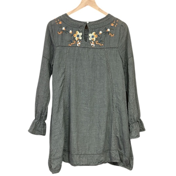 Umgee Women's Bohemian Embroidered Long Sleeve Dress  Olive Size Small - Picture 4 of 9